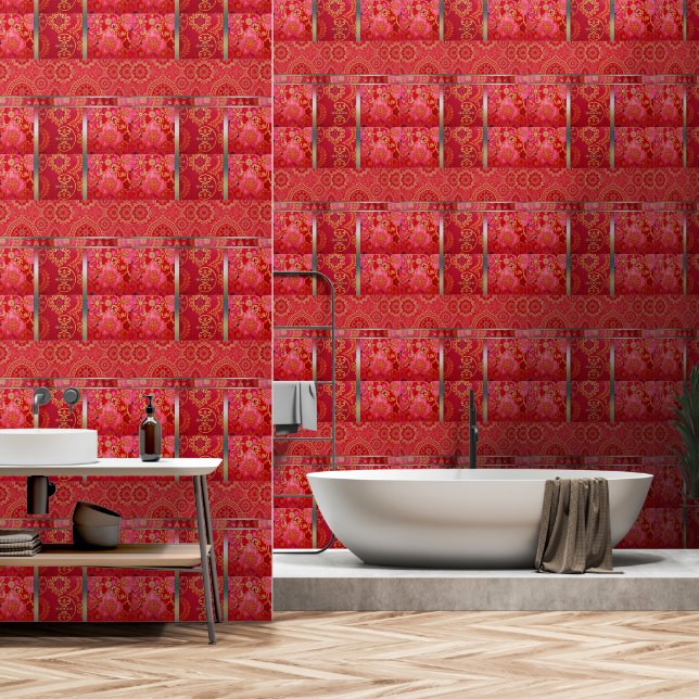 Papier Peint MOTIF d'or rouge ORIENTAL (Salle de bain)