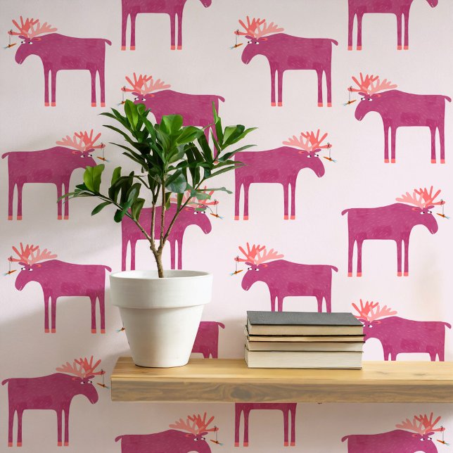 Papier Peint Motif d'orignal rose amusant (Fun pink moose or elk animal pattern peel and stick art wallpaper)