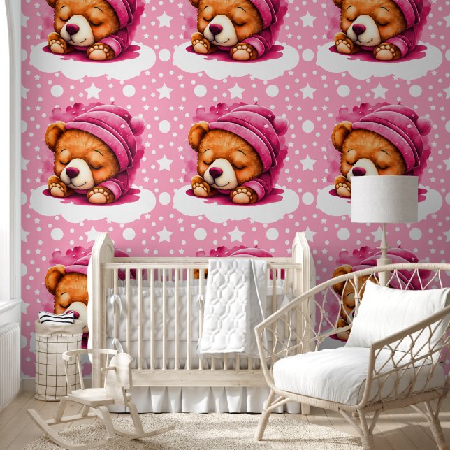 Papier Peint Motif d'ours à bascule rose (Enfants)