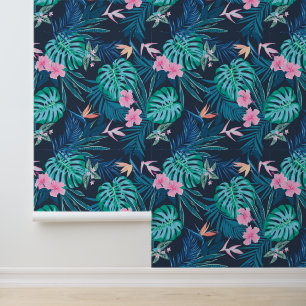 Papier Peint Motif du Jardin des Fleurs Tropicales Bleues