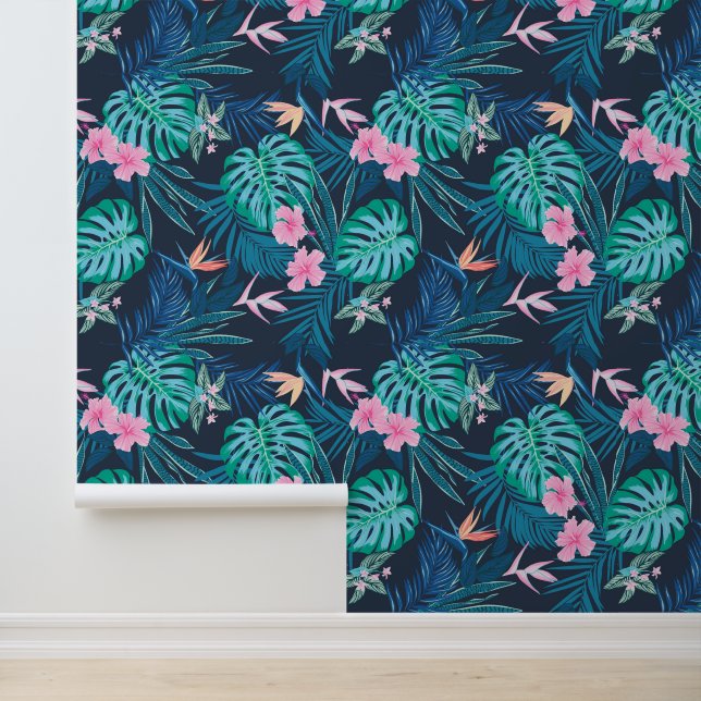 Papier Peint Motif du Jardin des Fleurs Tropicales Bleues (Application)