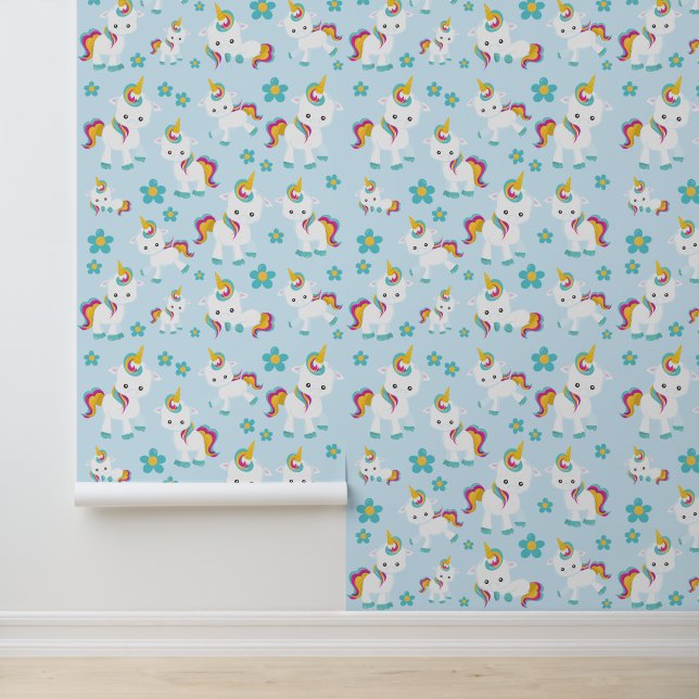 Papier Peint Motif D'Unicornes, De Mignons Unicornes, Fleurs (Application)