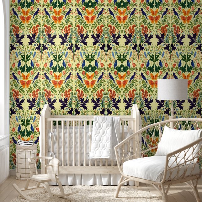 Papier Peint Motif Écureuils Oiseaux & Papillons (Enfants)