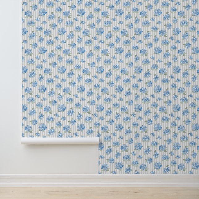 Papier Peint Motif élégant d'hortensia bleu avec rayure grise  (Application)