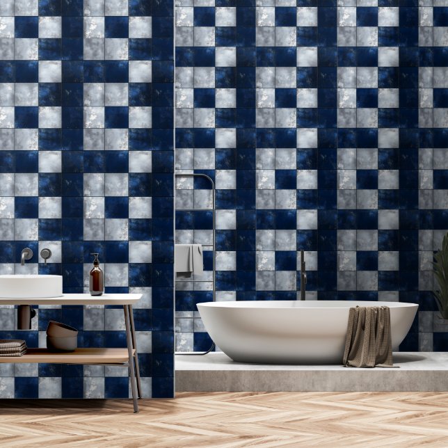 Papier Peint Motif en argent et bleu (Salle de bain)
