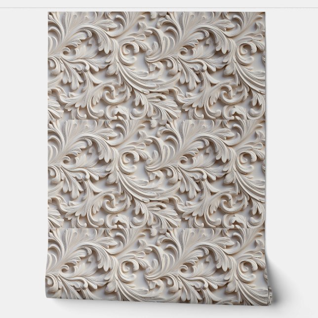 Papier Peint Motif en bois sculpté orné blanc (Déroulement)