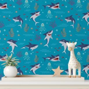 Papier Peint Motif Enfants Requins Méduses Créatures Marines
