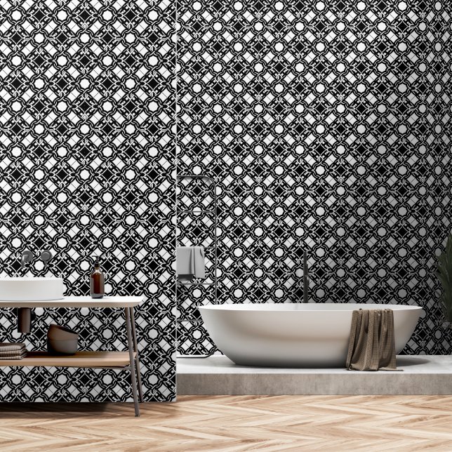 Papier Peint Motif entrelacé Art Déco noir et blanc (Salle de bain)