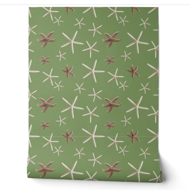 Papier Peint Motif Étoile de Mer Vert Sauge (Déroulement)