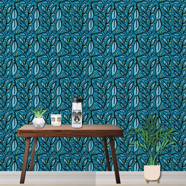 Papier Peint Motif feuille bleu (Blue Leaves bilingual Wallpaper, modern home decor,  add text in Spanish "multilingual Project")