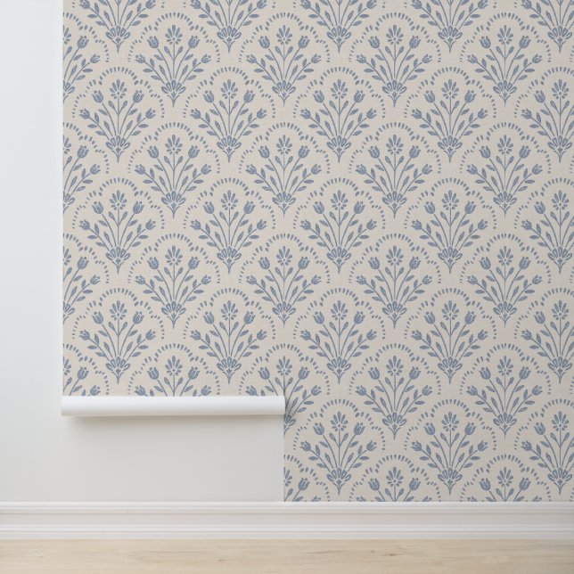 Papier Peint Motif fleur bleu mat texturé en coquille (Application)