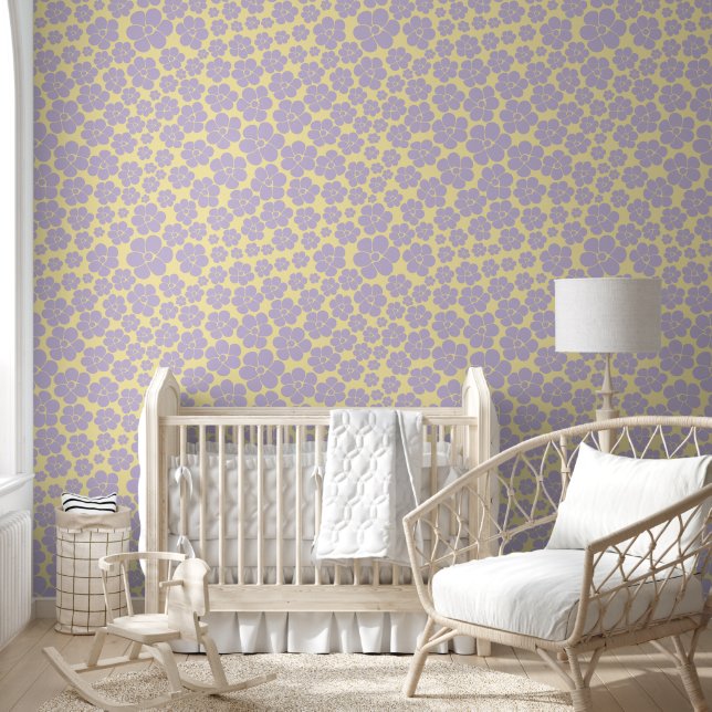 Papier Peint Motif Fleur - Pastel Jaune et Violet (Enfants)