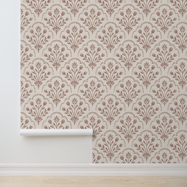 Papier Peint Motif fleur scallop brun chaud texturé (Application)