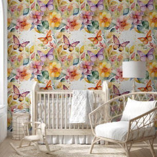 Papier Peint Motif fleurs et papillons aquarelle