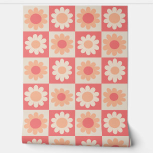 Papier Peint Motif Fleurs Rétro à Carreaux Peach Fuzz