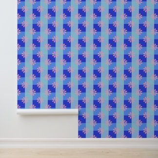 Papier Peint Motif floral à carreaux bleu pastel