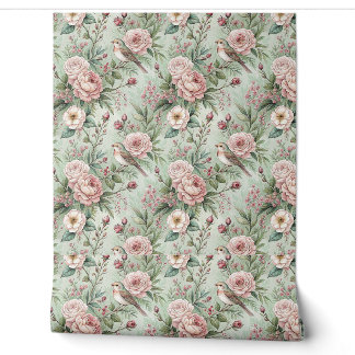 Papier Peint Motif floral anglais vintage de jardin avec oiseau