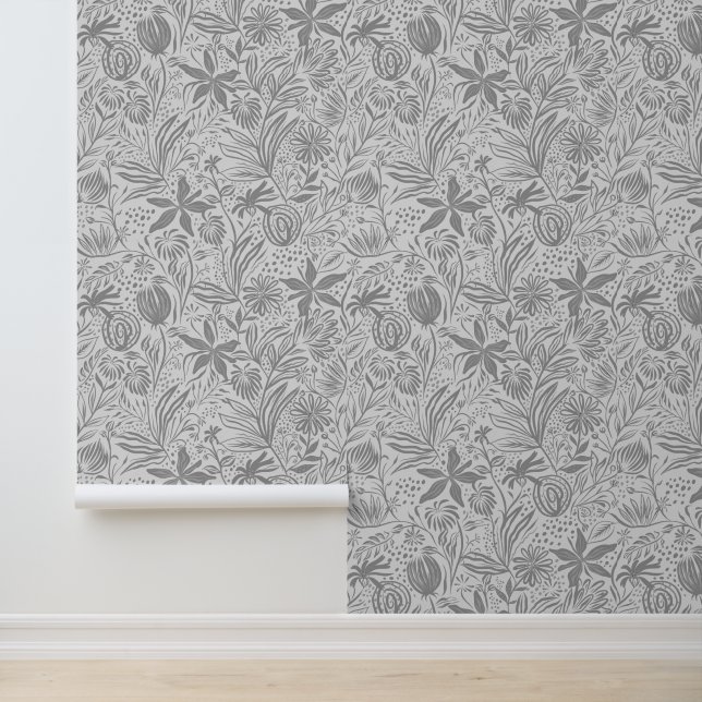 Papier Peint Motif floral Argent nuances de gris Impression (Application)