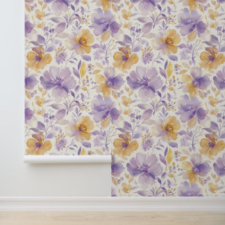 Papier Peint Motif floral avec fleurs violettes et dorées