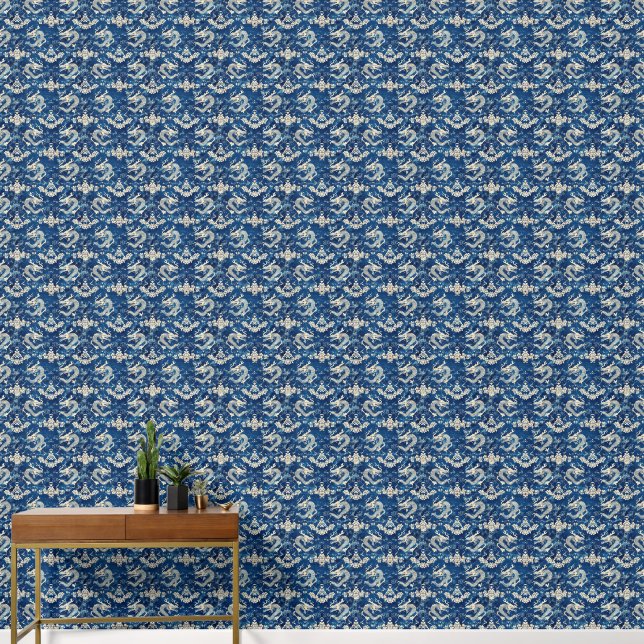 Papier Peint Motif Floral bleu et Dragons chinois (Couloir)