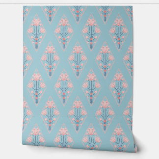 Papier Peint Motif floral botanique bleu rose Art Nouveau