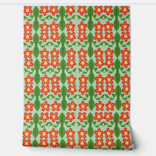 Papier Peint Motif floral et feuillu d'art folklorique rouge ru