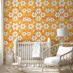 Papier Peint Motif floral Fleurs Jaune Orange Rétro Marguerites