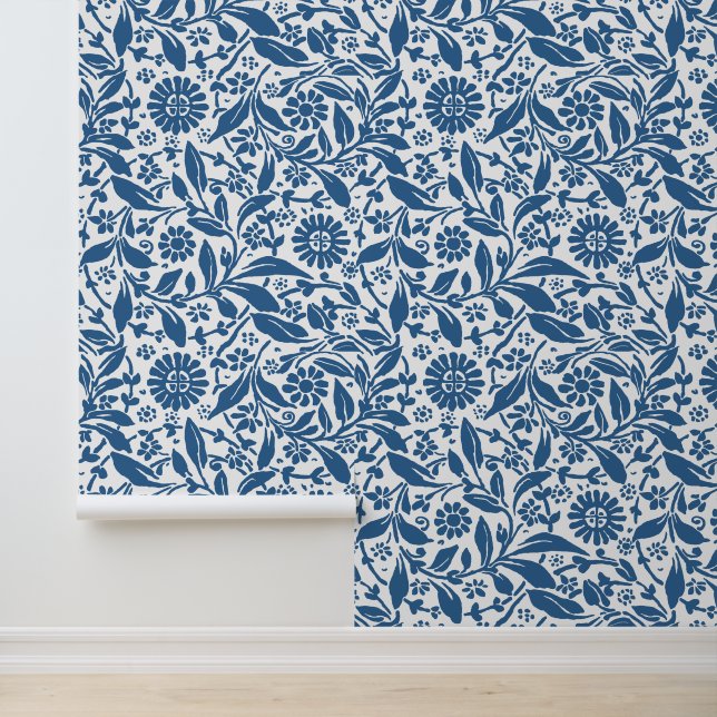 Papier Peint Motif floral Joli Bleu Blanc Antique Look (Application)