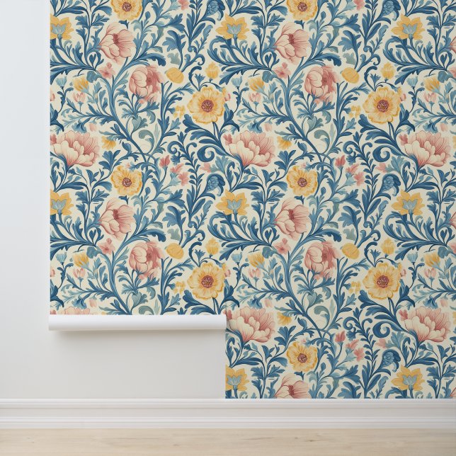 Papier Peint Motif floral Pastel complexe avec feuillage bleu (Application)