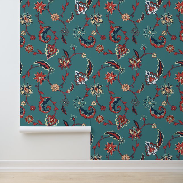 Papier Peint Motif floral persan turquoise et rouge (Application)