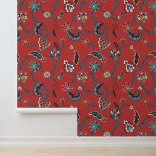 Papier Peint Motif floral perse rouge et bleu