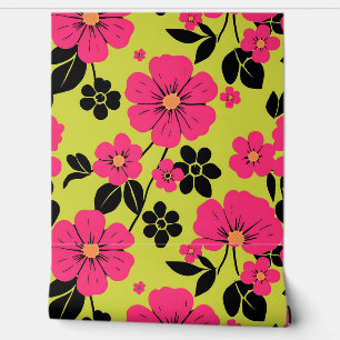 Papier Peint Motif floral rétro gras en rose vif
