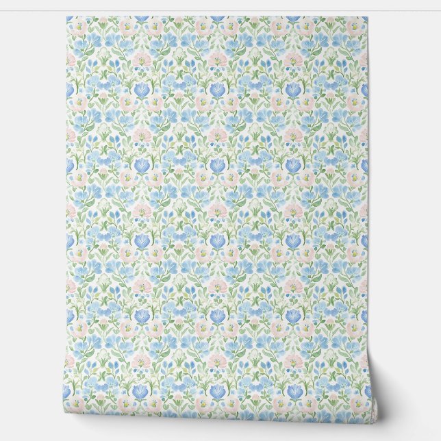 Papier Peint Motif floral rose bleu (Déroulement)