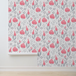 Papier Peint Motif floral rose et gris