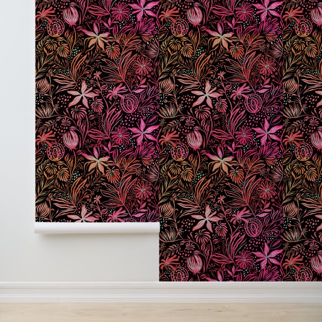 Papier Peint Motif floral rose noir rétro (Application)