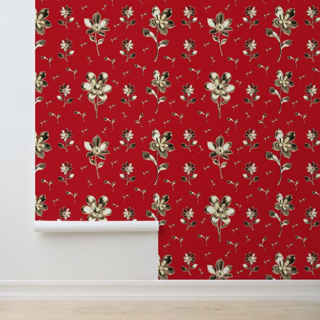 Papier Peint Motif Floral Rouge Et Or (Application)
