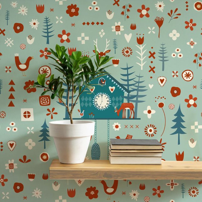Papier Peint Motif forestier scandinave (Scandinavian Forest sage teal green folk art peel and stick wallpaper)