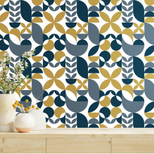 Papier Peint Motif Géométrique Abstrait Bleu Marine, Moutarde