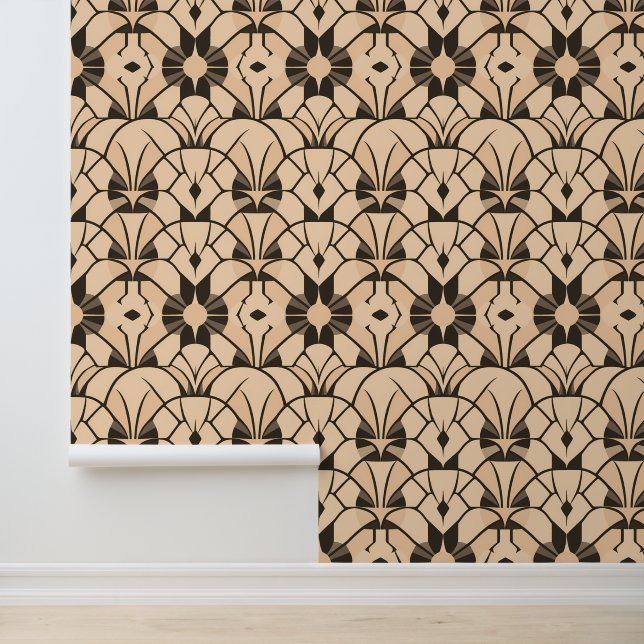 Papier Peint Motif géométrique Art déco en beige et noir (Application)