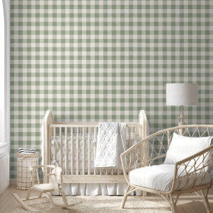 Papier Peint Motif Gingham Cottagecore Carreaux Beige Sauge