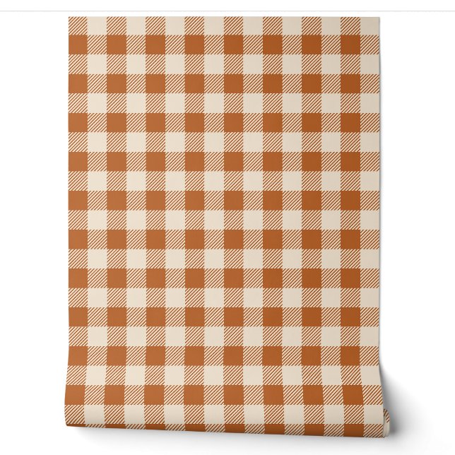 Papier Peint Motif Gingham Orange Brûlé Automnal carreauté (Déroulement)