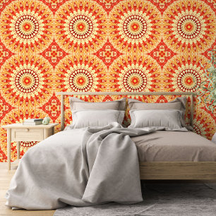Papier Peint Motif Mandala Été Soleil Rouge Jaune Orange