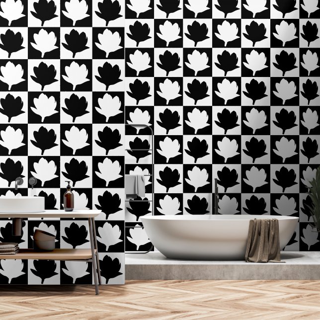 Papier Peint Motif mignon noir et blanc Magnolia (Salle de bain)