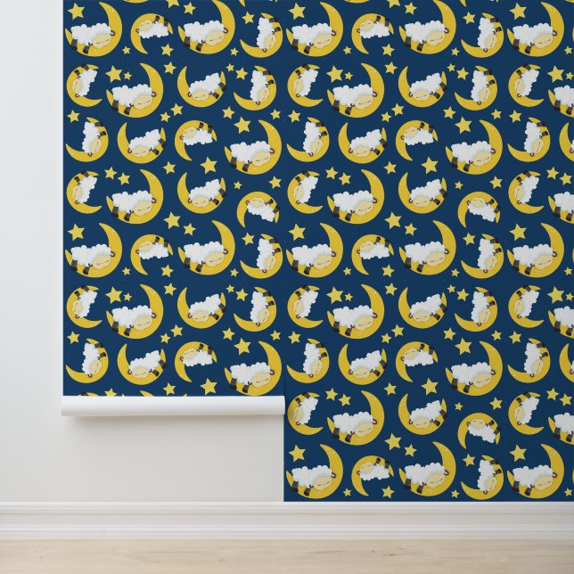 Papier Peint Motif mouton, Mouton couché, Lune, Étoiles (Application)