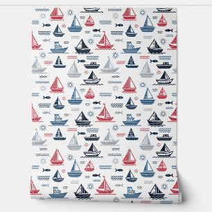 Papier Peint Motif nautique avec voiliers et poissons