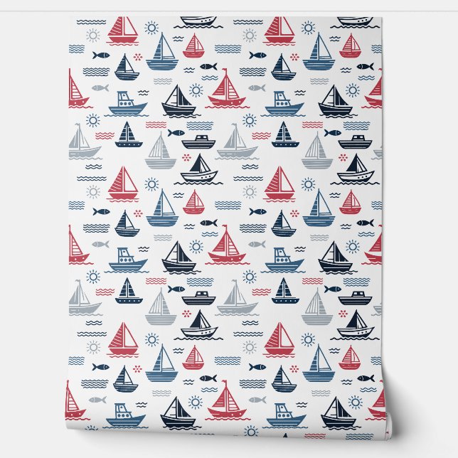 Papier Peint Motif nautique avec voiliers et poissons (Déroulement)