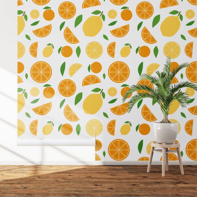 Papier Peint Motif orange et citron blanc (Orange & Lemon Pattern Wallpaper)