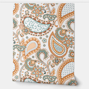 Papier Peint Motif Paisley Rétro Sarcelle Sauge Pêche Rouille O