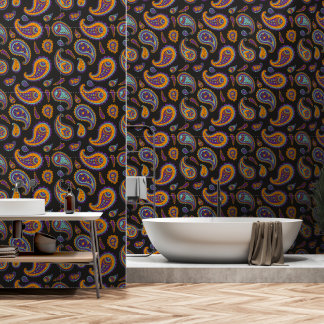 Papier Peint Motif Paisley Vintage Rétro Orange Bleu Violet
