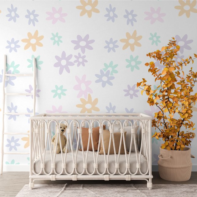 Papier Peint Motif Pastel Été Pink Mint Vert Fleurs Bleues Vert (Créateur téléchargé)